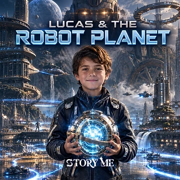 Illustrated cover for the personalized children's storybook Robot Planet
