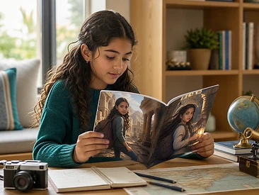 طفلة أكبر سناً تقرأ قصة أطفال مشوّقة