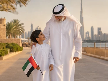 أب إماراتي وابنه يحتفلان بعلم دولة الإمارات