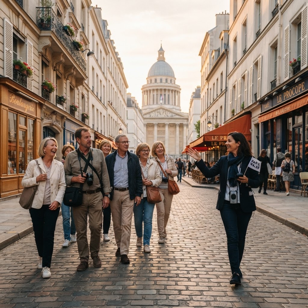 Grupo de viajantes com guia em uma rua de Paris