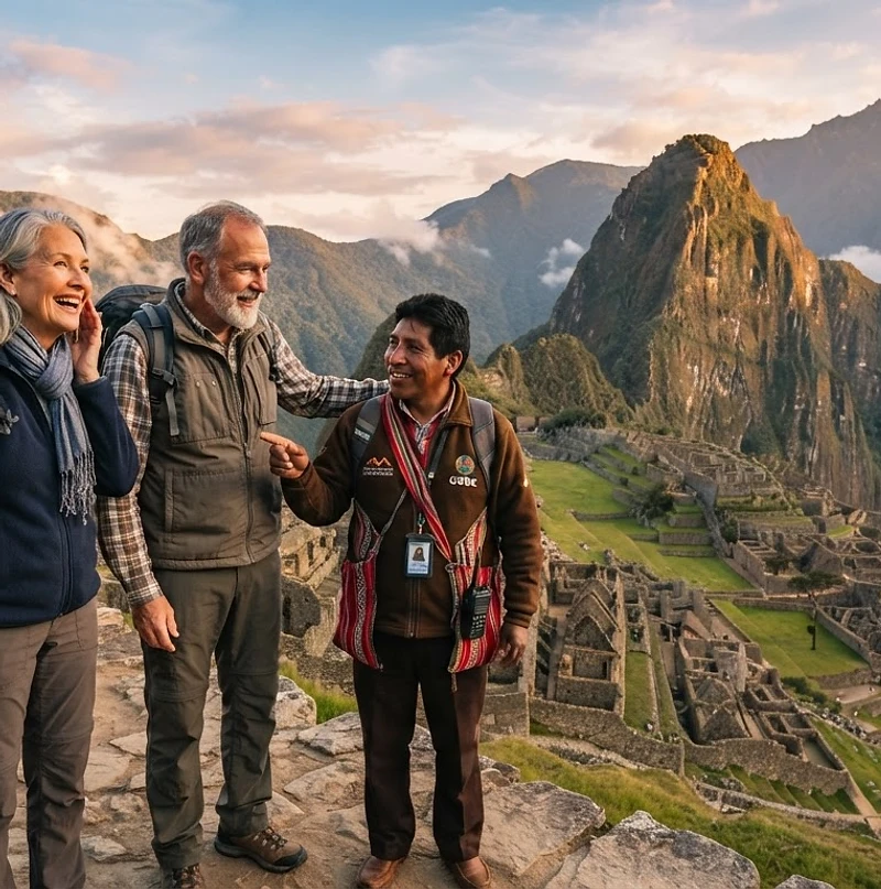 Grupo de viajantes com guia observando Machu Picchu ao entardecer