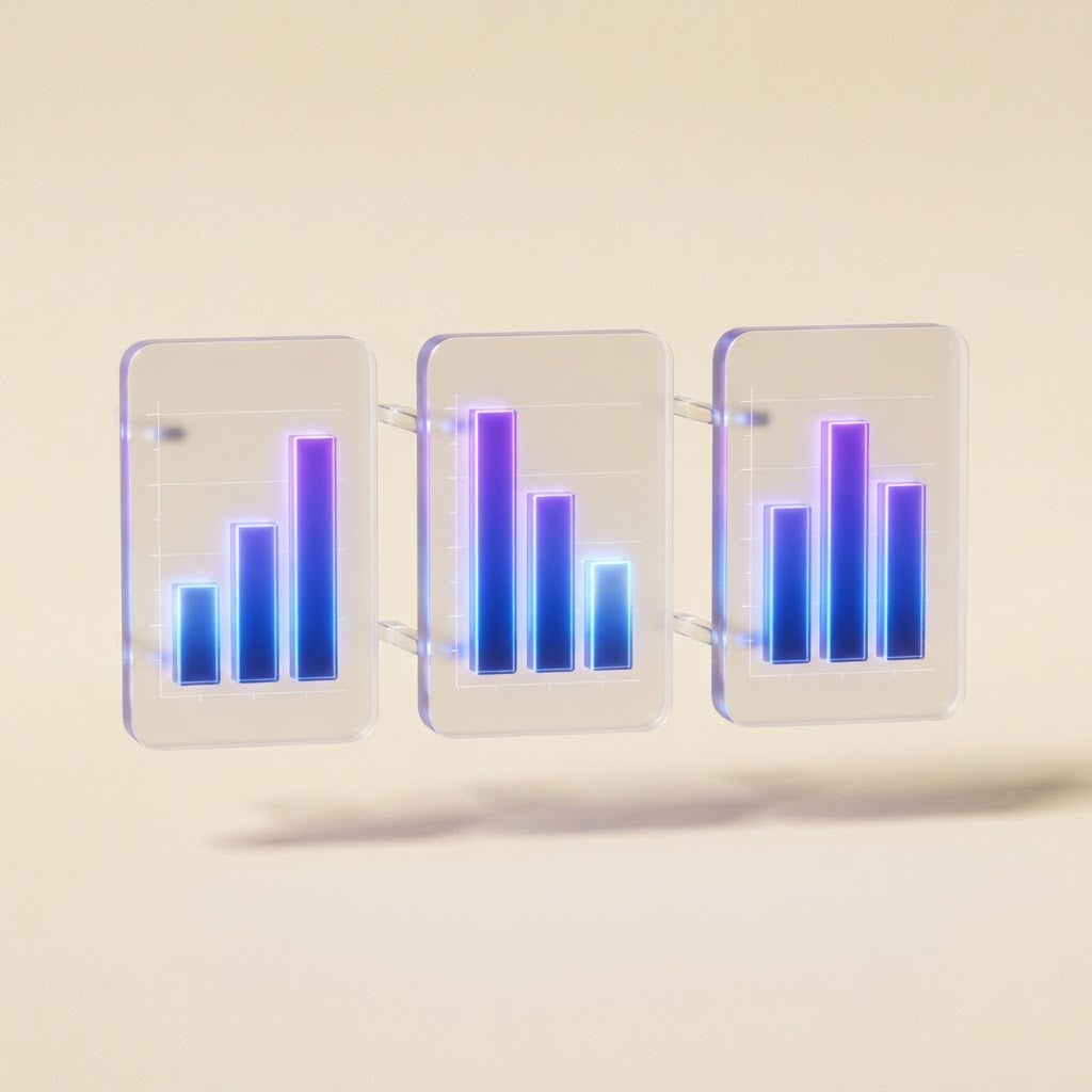 Three glass dashboard panels with glowing bar charts, representing AEO visibility metrics tracked across platforms