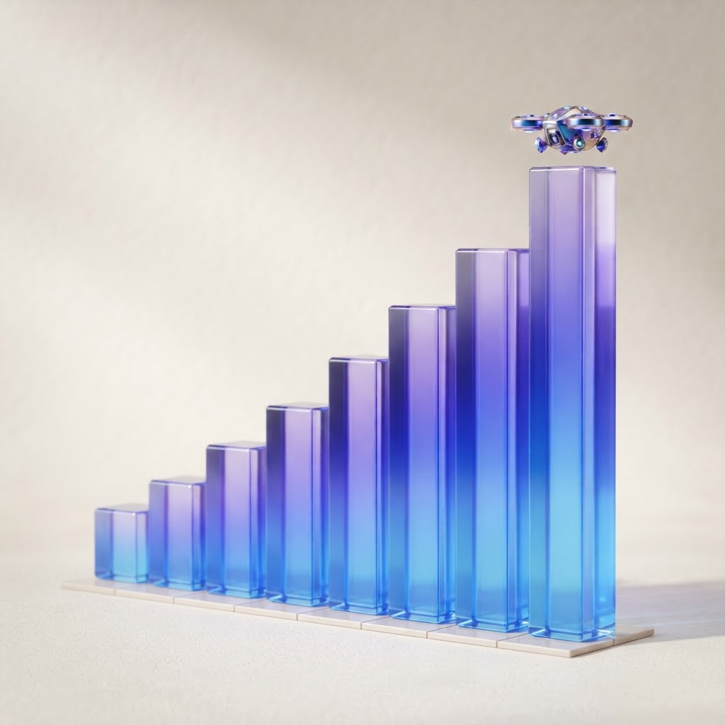 An upward-trending bar chart in translucent glass with a small agent shape perched on top, representing measurable AI agent ROI