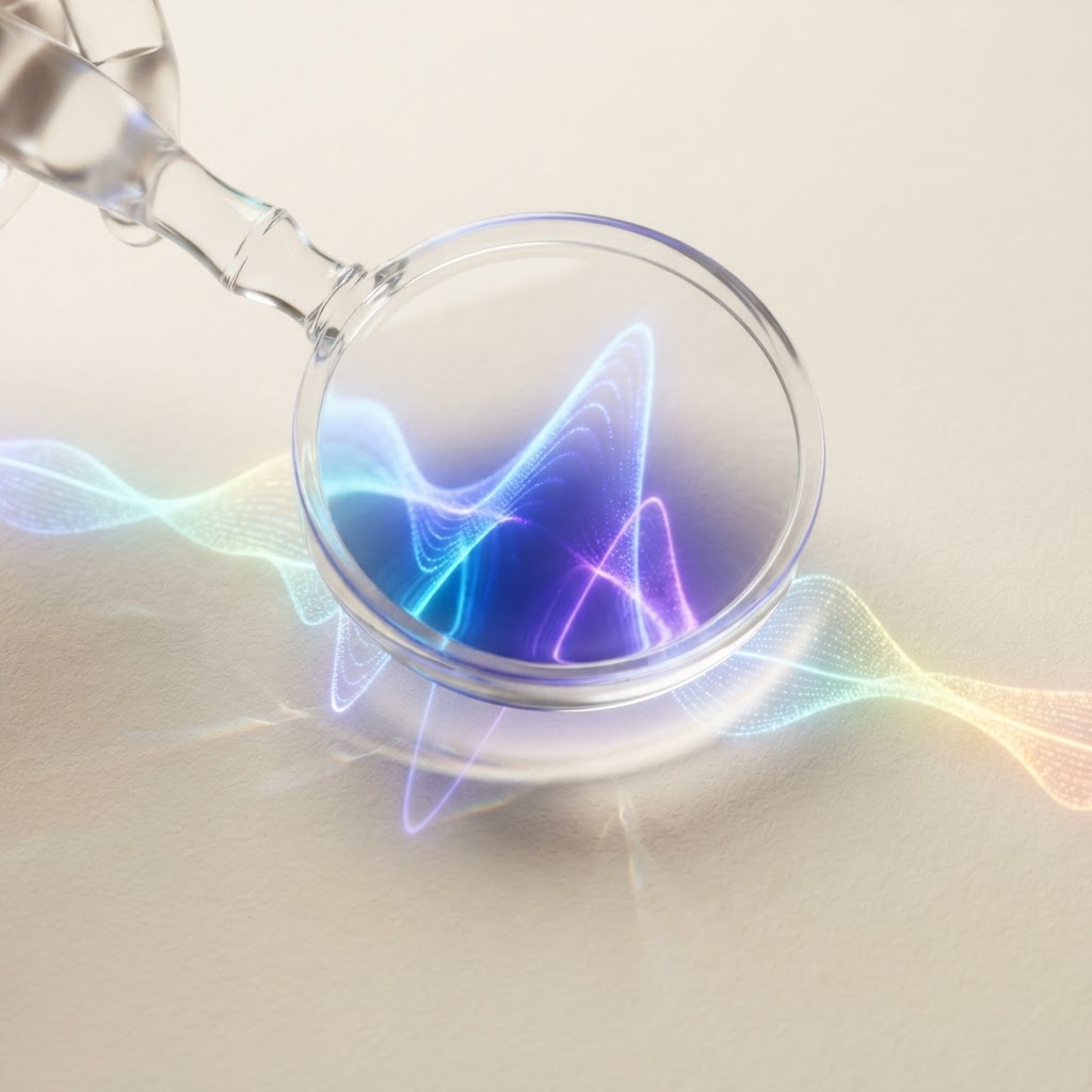 A glass magnifying glass over a spectral waveform, representing AI search analysis and brand mention detection