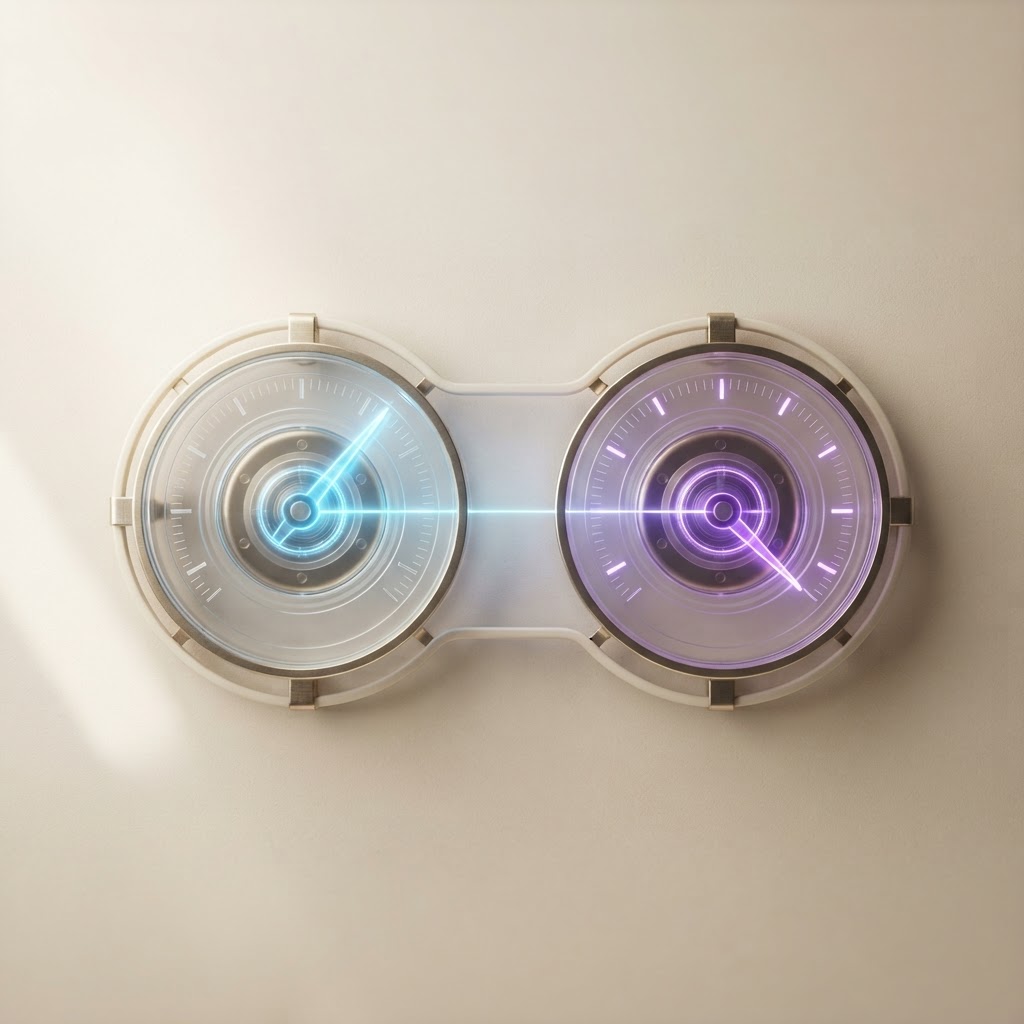Two glass pressure gauges showing different readings connected by a light line, representing the gap between AI leaders and laggards