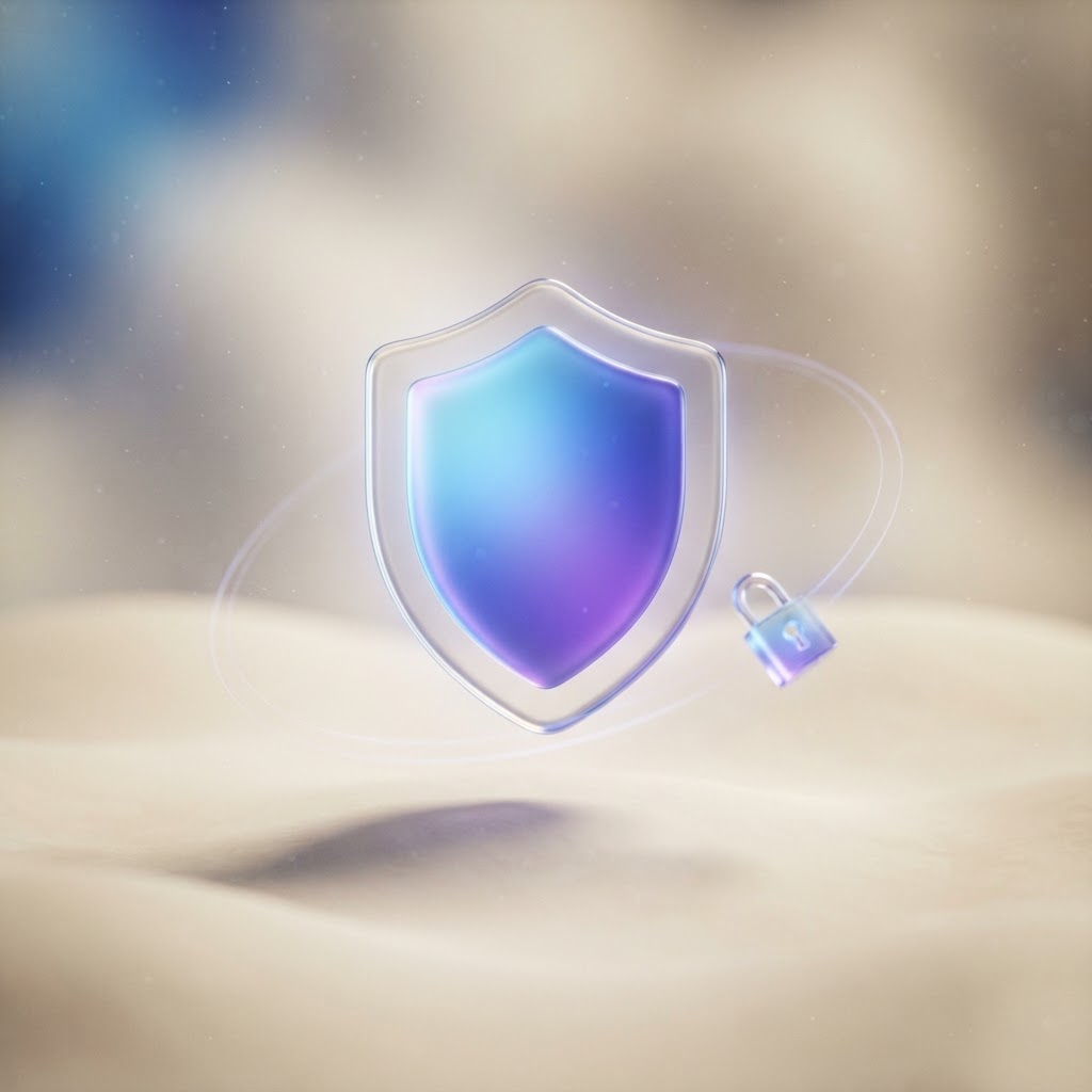 A glowing gradient shield shape with translucent glass border and small padlock orbiting it, representing the trust and identity layer for agentic commerce