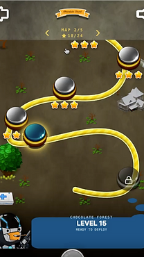 The map screen: pick a level, then deploy.