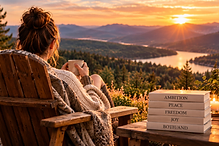A woman's hands holding a ceramic mug on a balcony overlooking a hazy skyline at sunrise