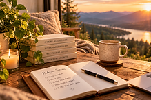 A laptop, planner and coffee on a tidy kitchen table in warm sunlight