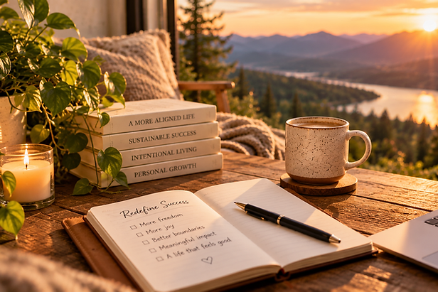 A laptop, planner and coffee on a tidy kitchen table in warm sunlight