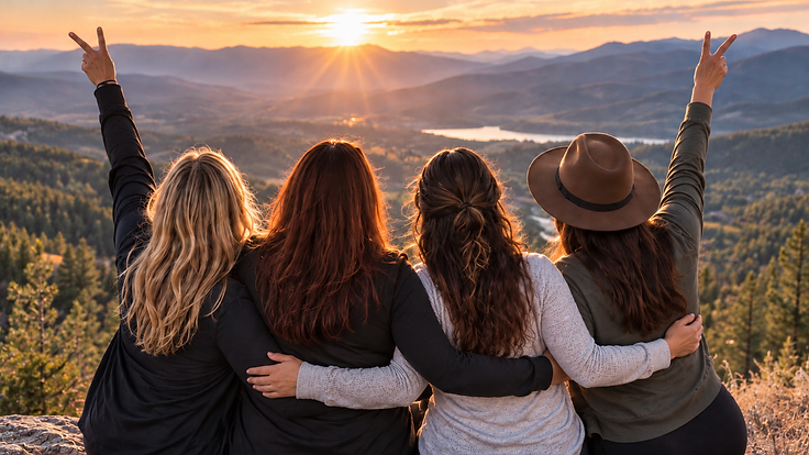 Four women sitting together on a rocky ridge, looking out over a mountain valley at sunset