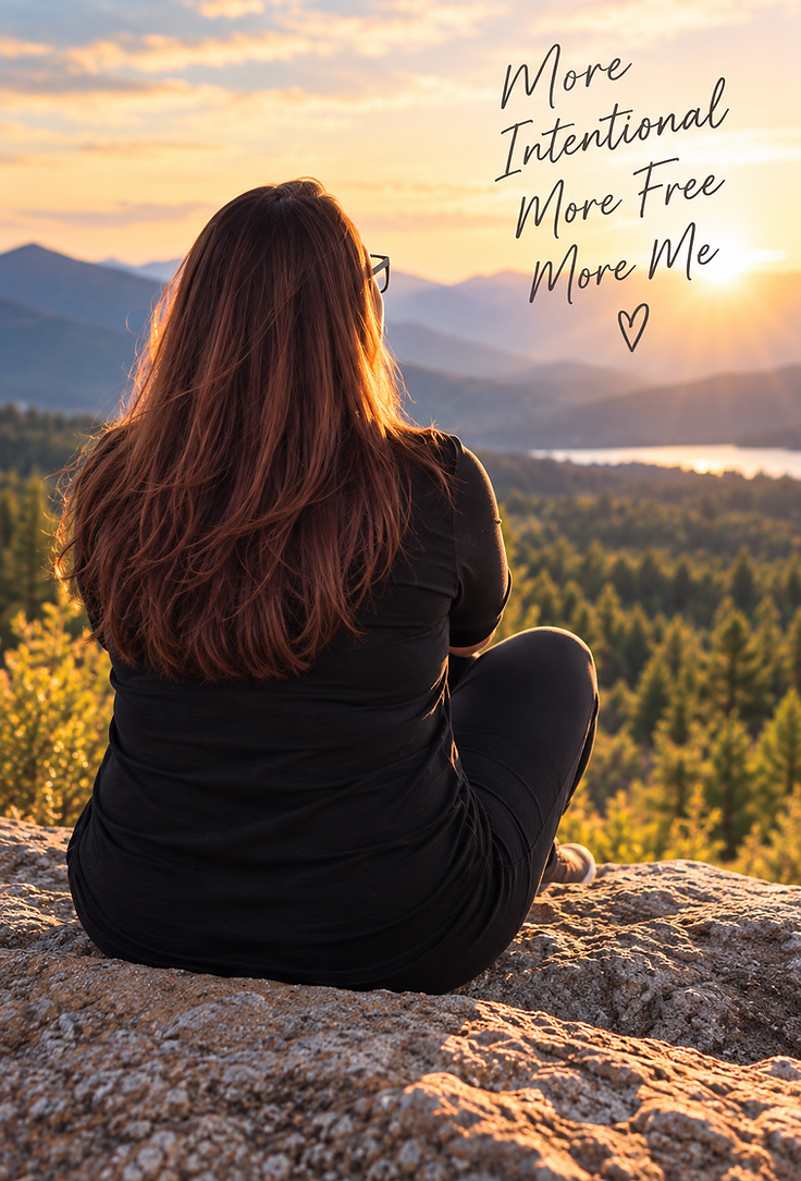 A woman sitting on a rock above a mountain lake at sunset