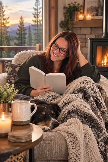 A woman reading by the fire with a dog asleep beside her