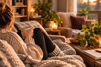 A woman in a knit sweater holding a mug at a rain-lit window, face out of frame