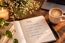 A handwritten checklist with a pen resting on it on a wooden table