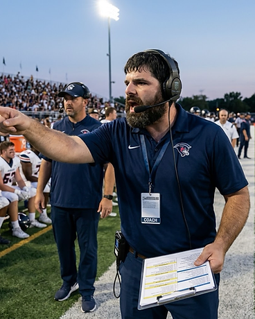 Coach on a game night sideline calling a decision with the call sheet in hand