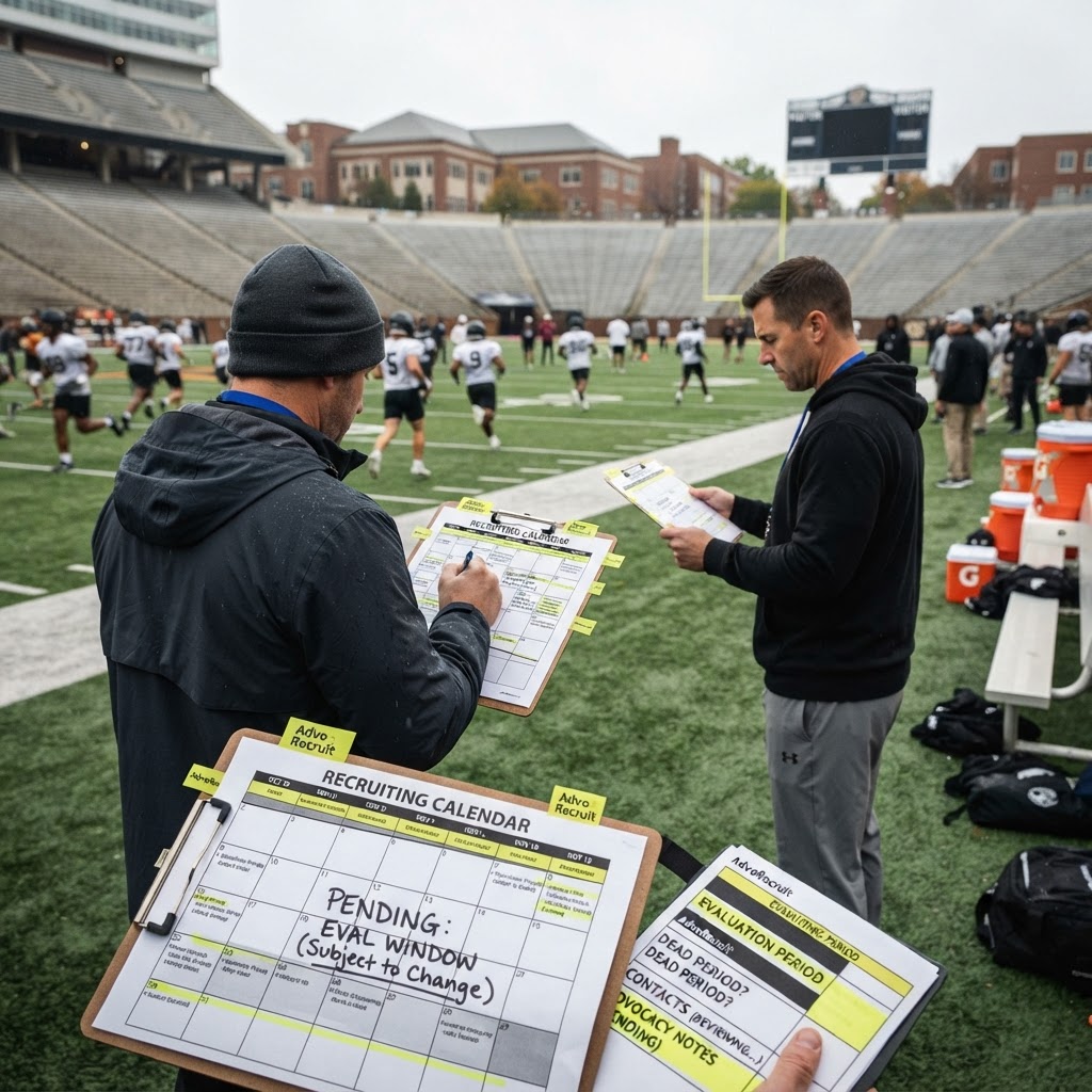 Generic college football recruiting staff evaluating prospects, illustrating pending NCAA football recruiting-model changes.