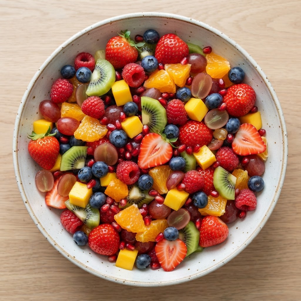 Colorful fresh fruit salad with berries, kiwi, mango, and oranges