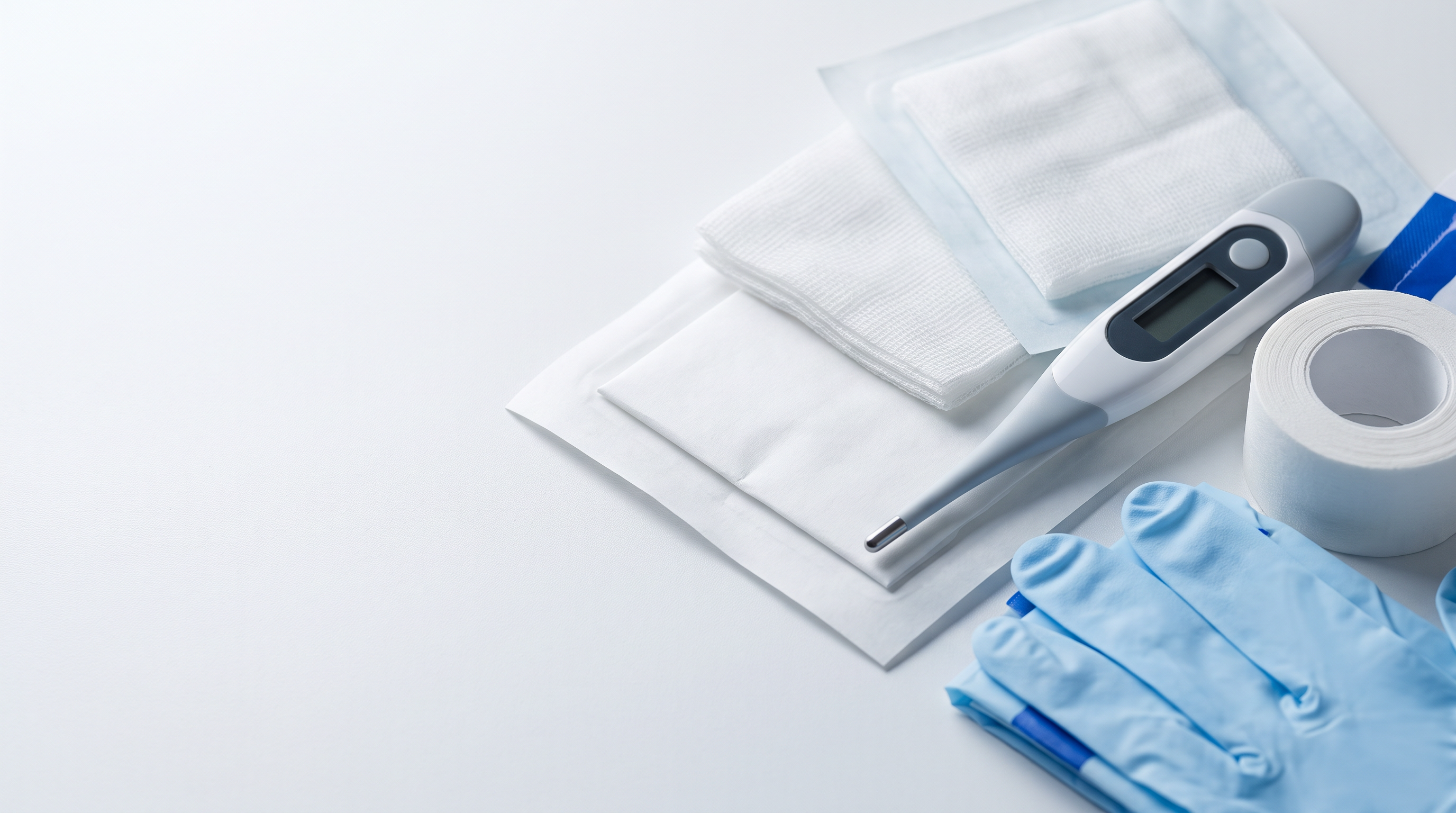 Urgent care medical supplies with thermometer, gauze, tape, and gloves