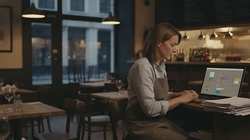 Restaurant owner reviewing sales and financial reports at a counter