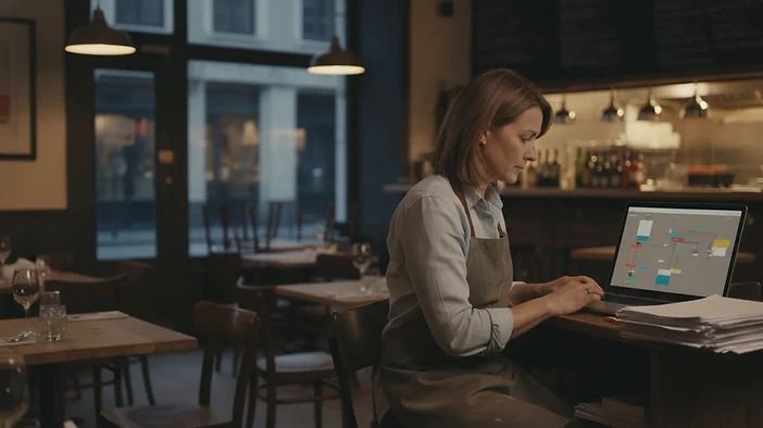 Restaurant owner reviewing sales and financial reports at a counter