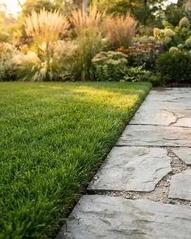 AI-generated inspiration showing precise lawn edging beside stone paving for Markham properties