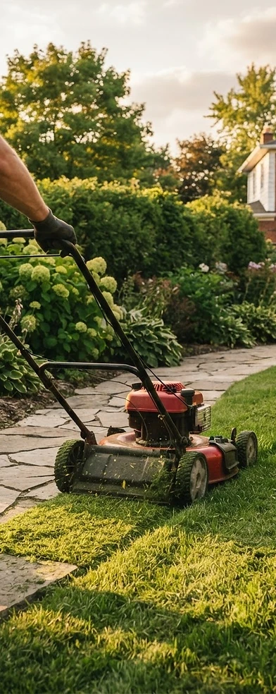 Illustrative landscaper carefully maintaining a lawn edge in a Markham-style garden