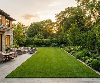 AI-generated inspiration for a landscaped Markham backyard with a tidy lawn and garden border