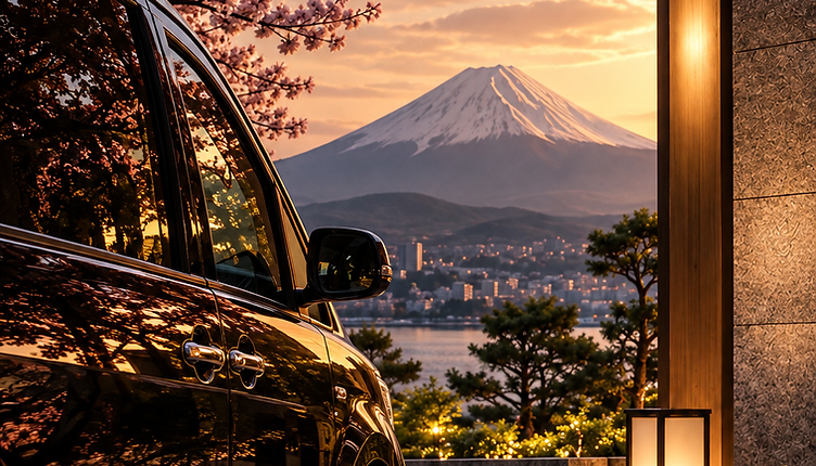 Mt. Fuji with luxury van at sunrise