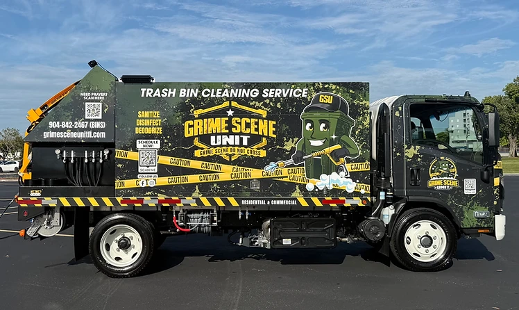 Grime Scene Unit sanitation truck parked on a Northeast Florida driveway