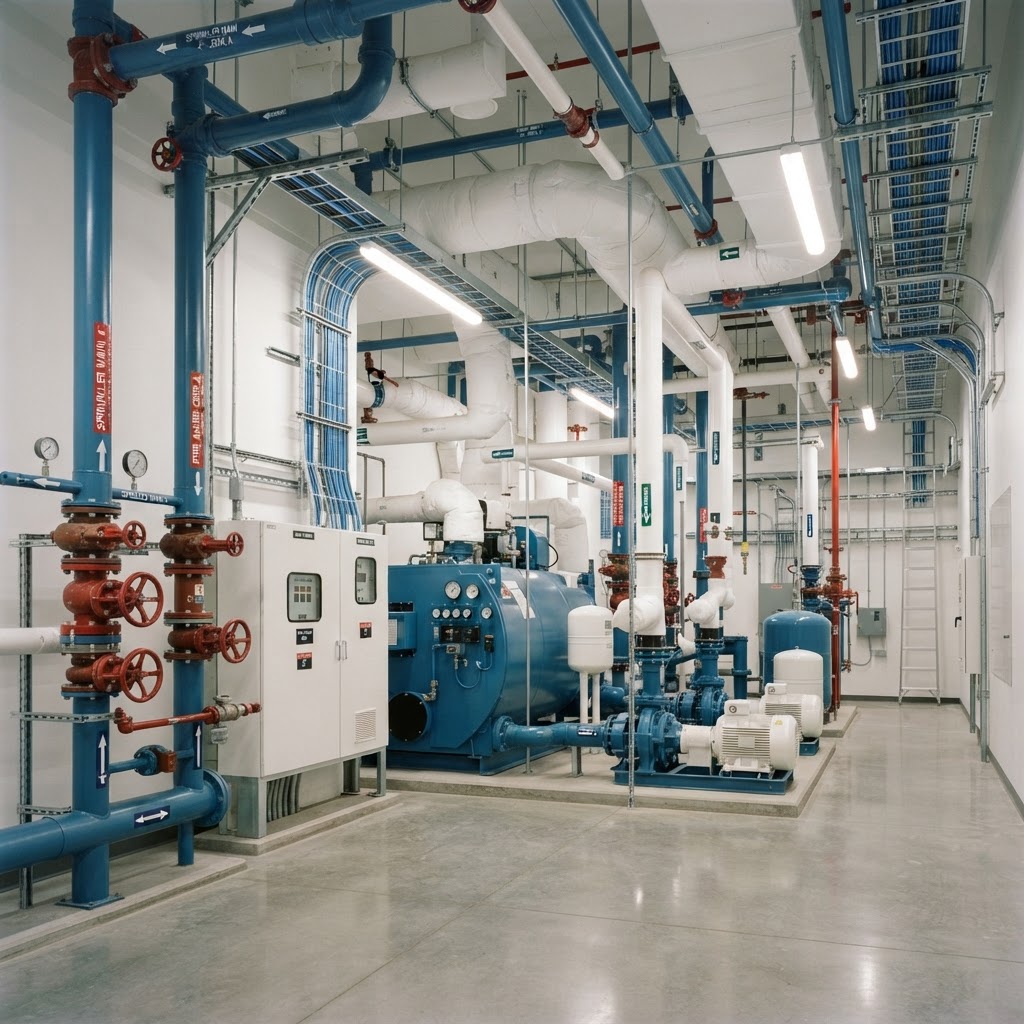 Finished commercial mechanical room with painted piping, sprinkler mains and conduit