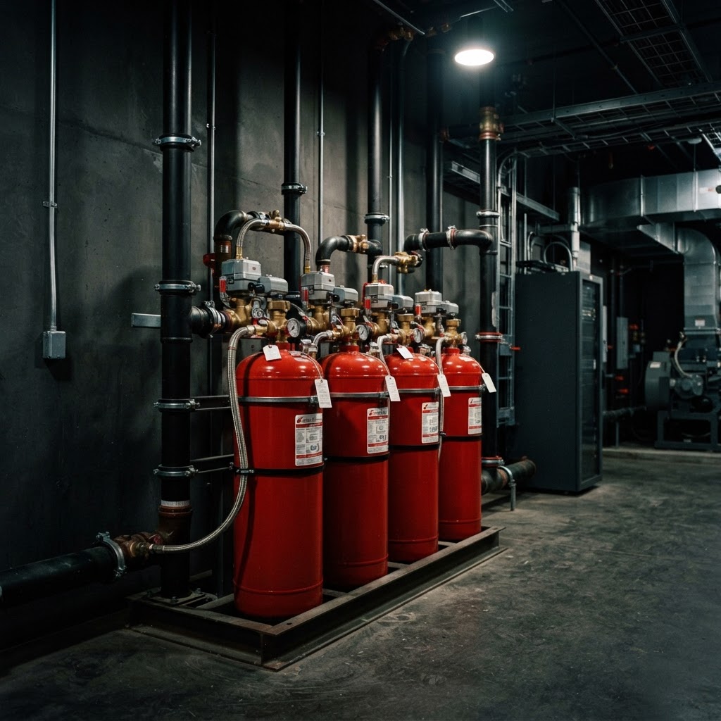 Clean agent fire suppression cylinders and discharge piping in an equipment room