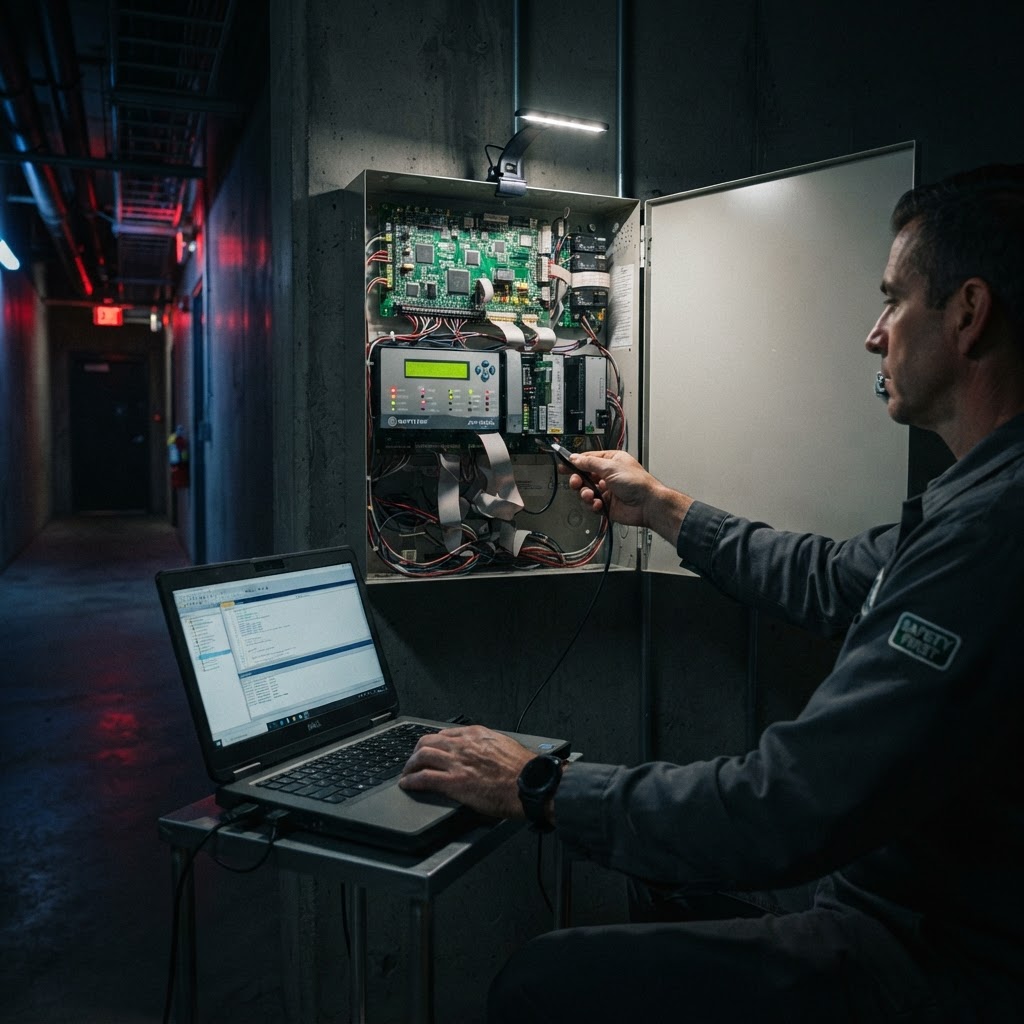 Technician programming a commercial fire alarm control panel
