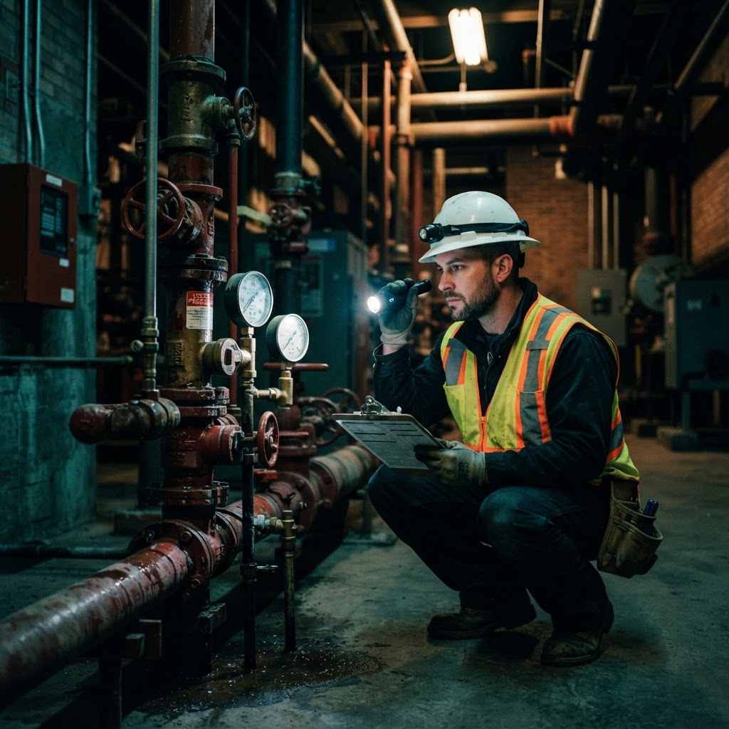 Inspector testing a fire sprinkler riser and gauges in an industrial building