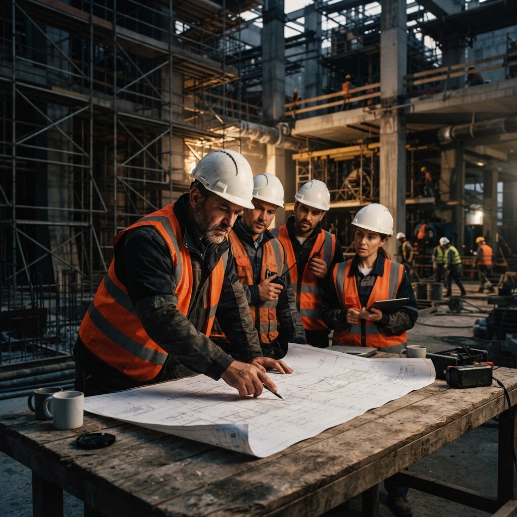Supervisor reviewing blueprints with a crew inside a plant under construction