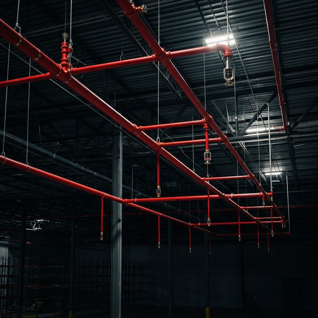 Fire sprinkler mains and heads installed across a commercial warehouse ceiling