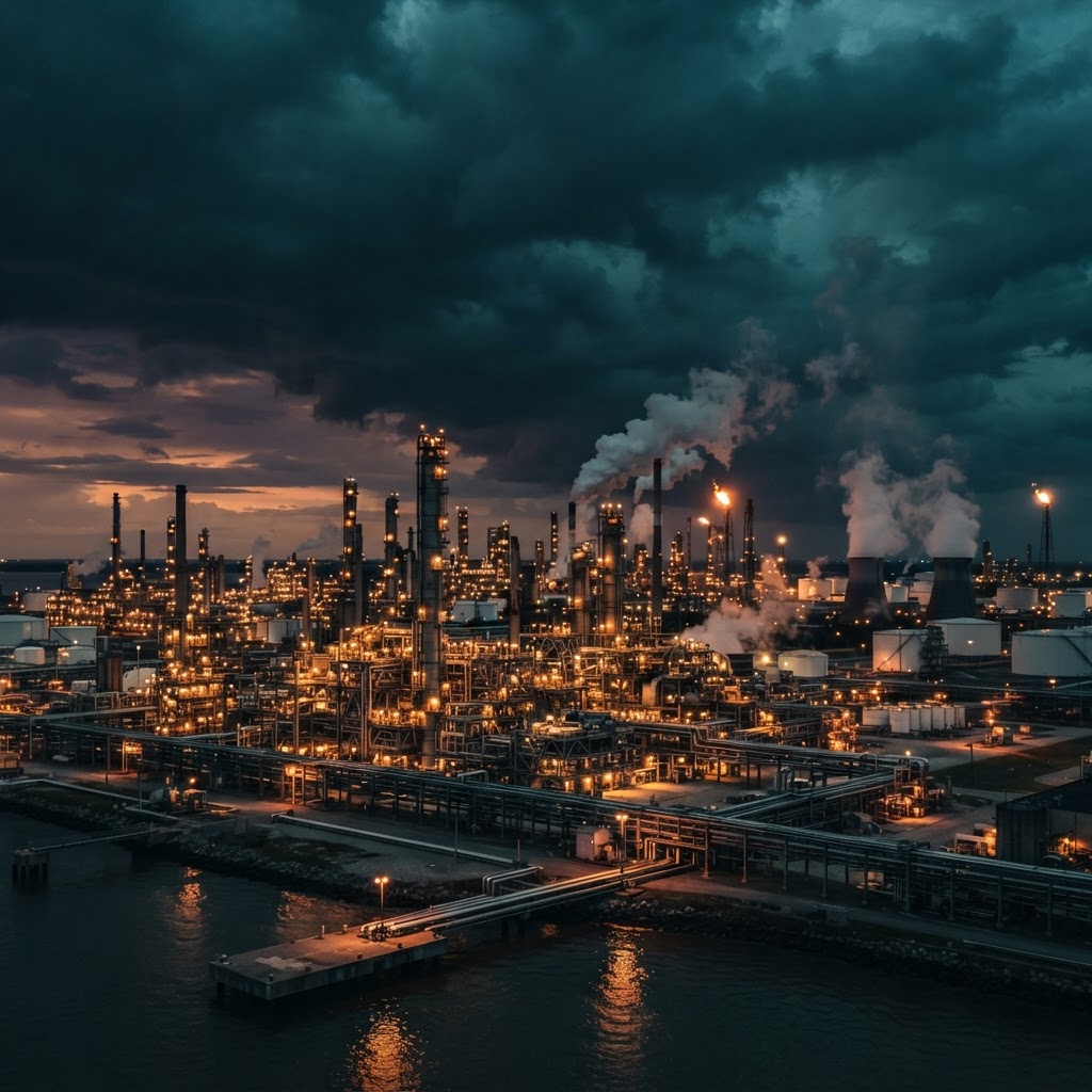 Industrial plant lit at dusk