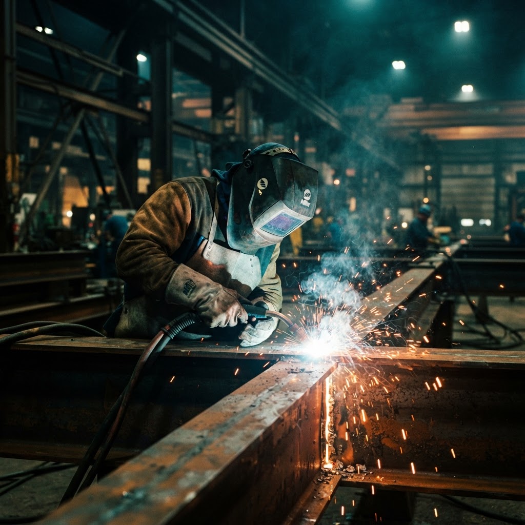 Welder joining a structural steel beam inside an industrial plant