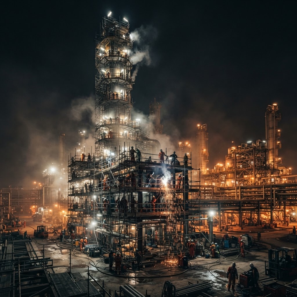 Scaffolded distillation tower worked at night during a plant turnaround