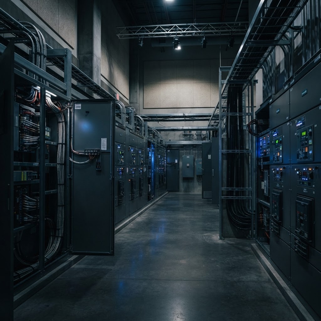 Industrial electrical room with switchgear panels and bundled conduit