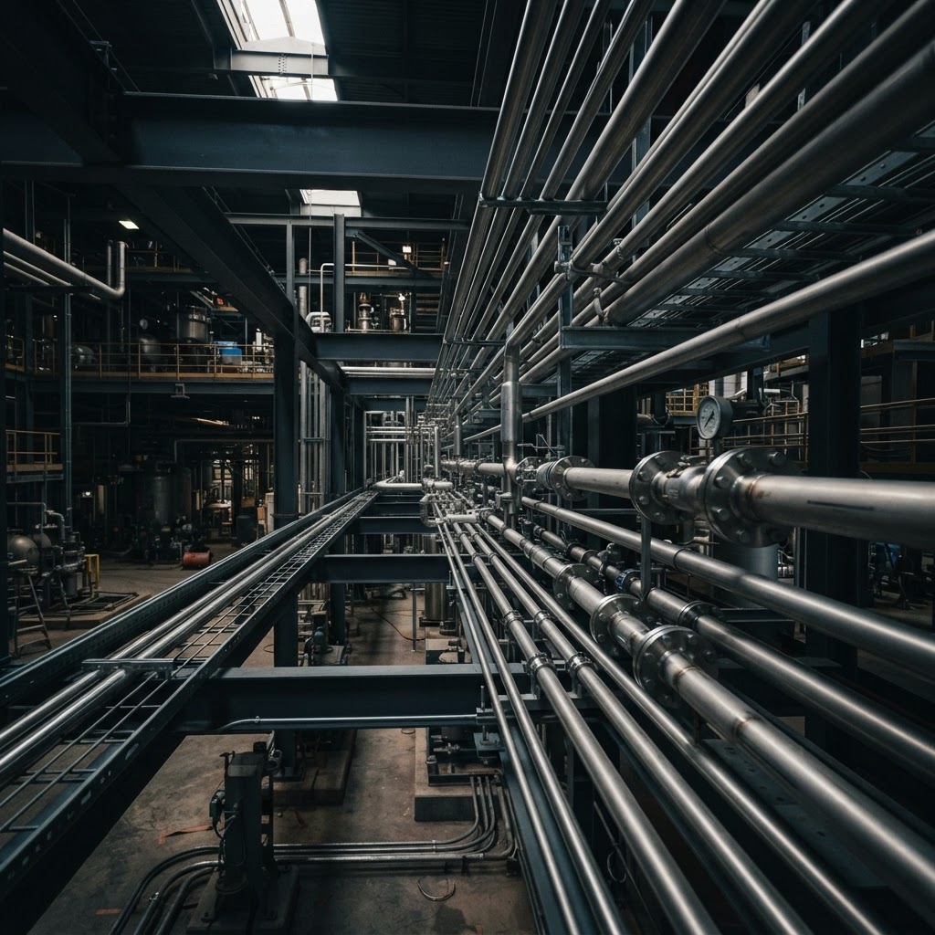 New stainless process piping and flanges installed in a plant pipe rack