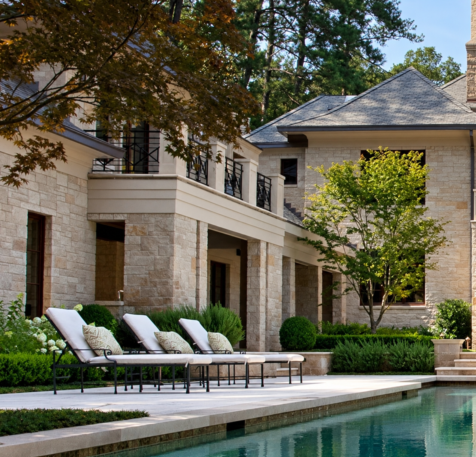 Three white chaise lounge chairs along a swimming pool with a two-story stone residence and autumn foliage behind