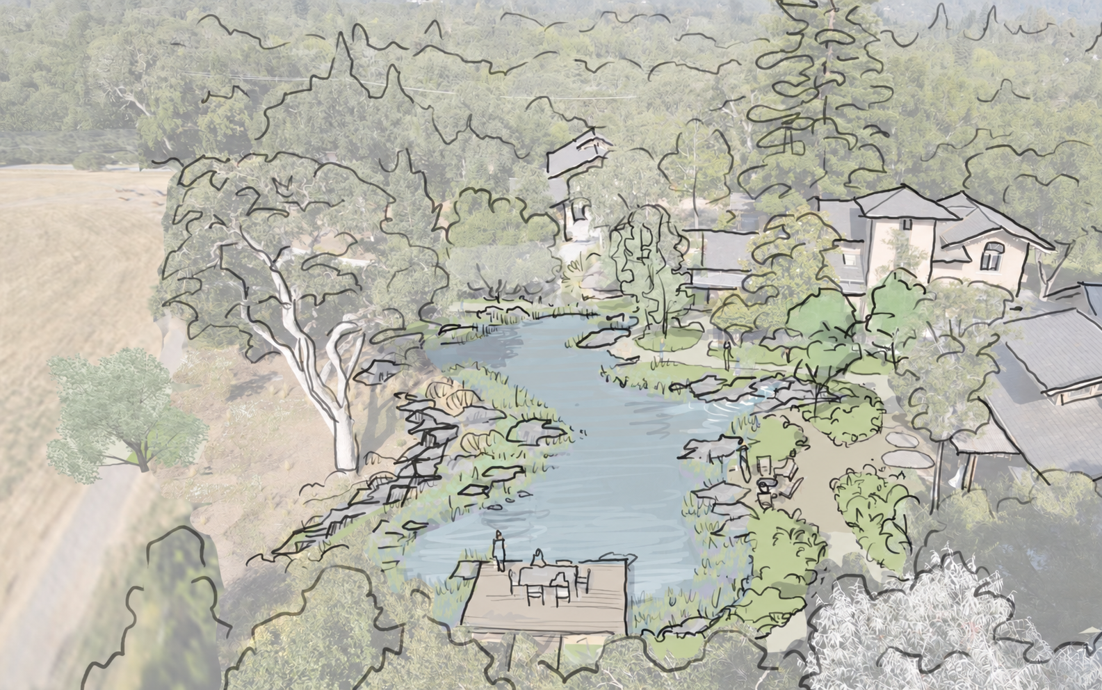 Oak Sanctuary — Wildlife pond with dining deck