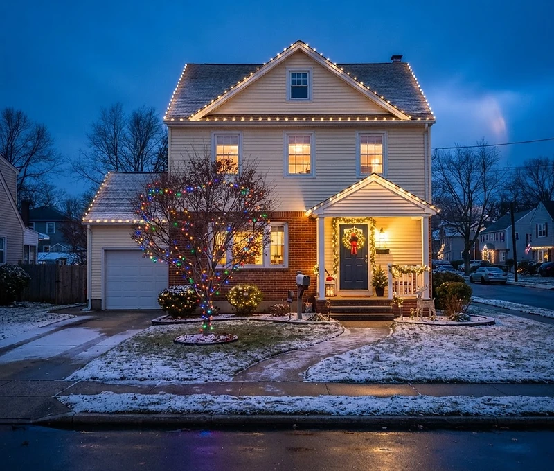 Lit estate at blue hour in Travelers Rest
