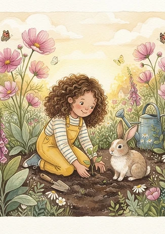 Fictional child planting a flower with a bunny in a magical garden