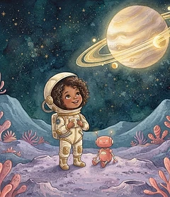 Fictional child astronaut and robot exploring a starry moon
