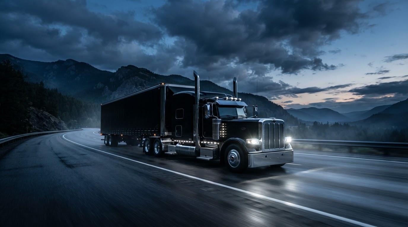 Premium semi-truck on the highway at dusk