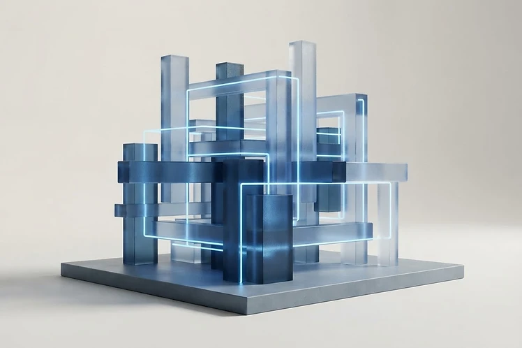 Abstract 3D composition of interlocking frosted glass pillars and blue lines representing a solid business foundation