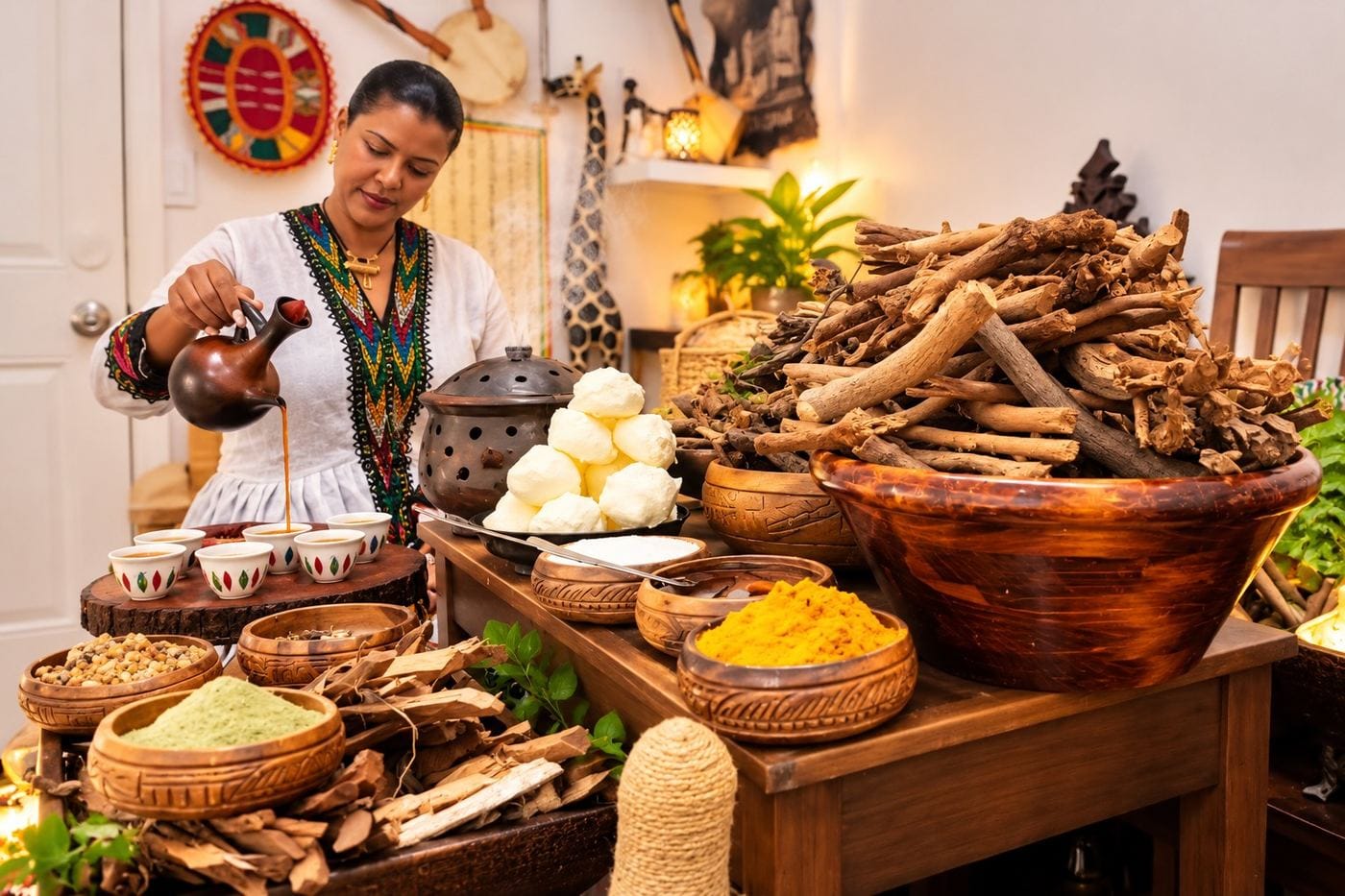 Ethiopian coffee ceremony with traditional wellness ingredients