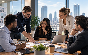 A cross-functional sales team reviewing campaign research and account priorities together.